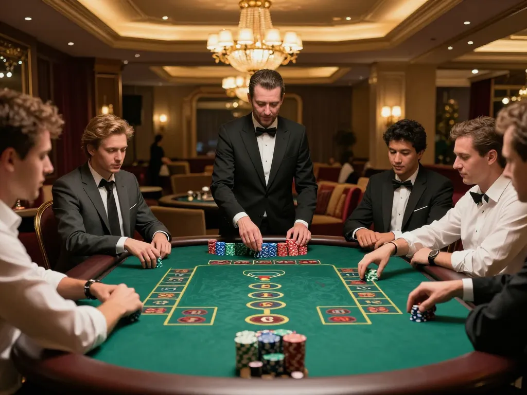 Engaging session at 388bet baccarat table, players analyzing bets while chips await action