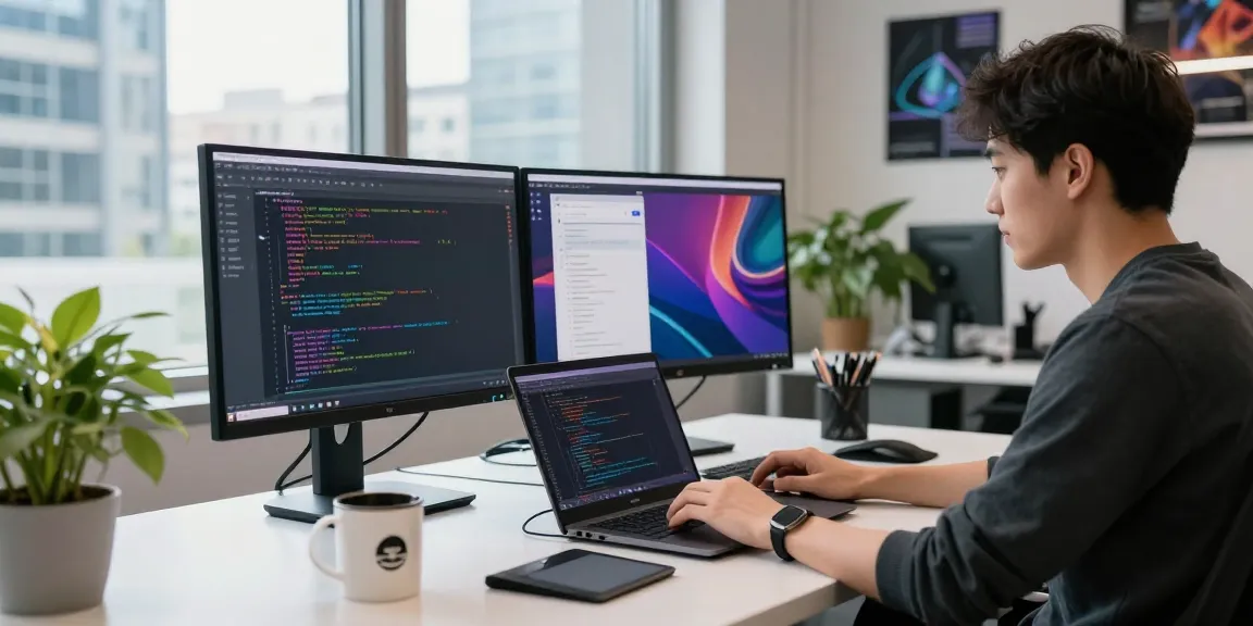 Enhanced workspace for coding with a programmer using Telegram中文 on dual screens amidst a modern urban backdrop