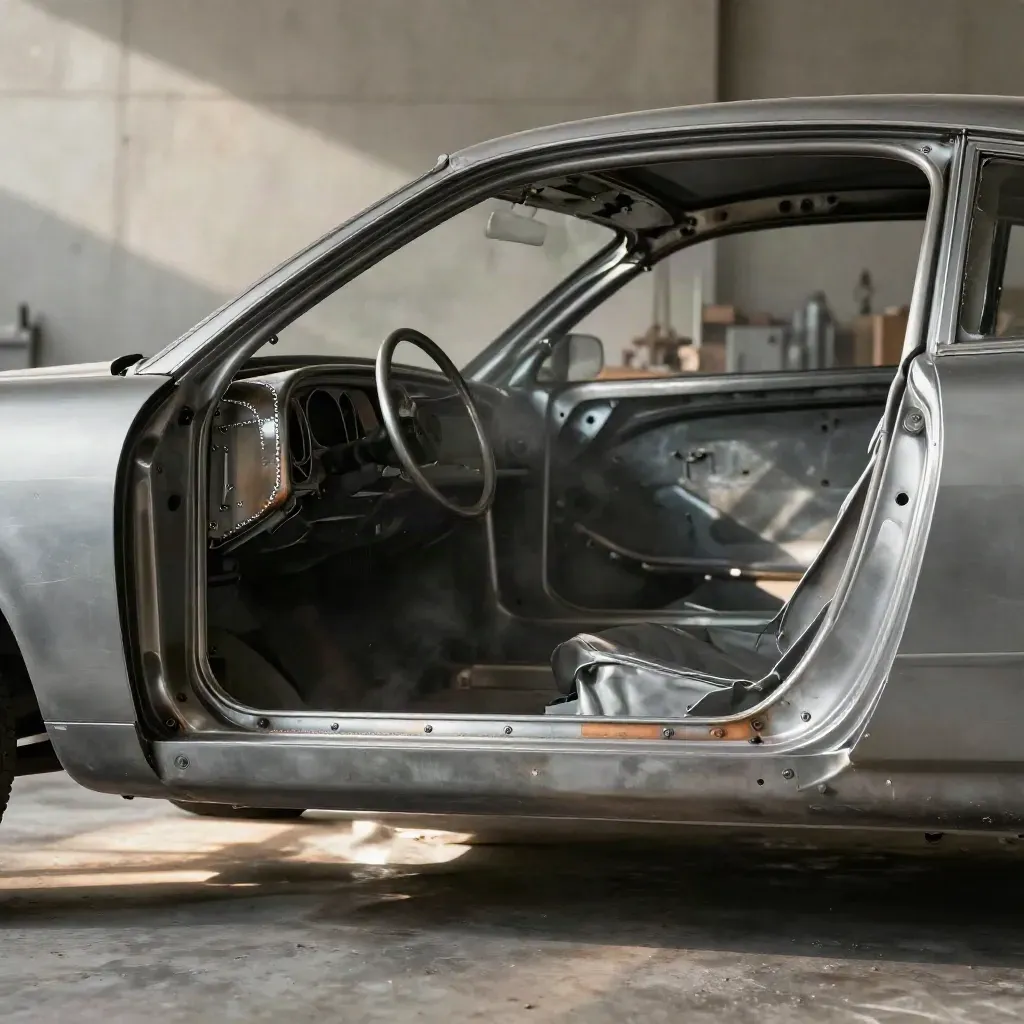 Freshly reinforced drift chassis with weld smoke, cage tubing, gussets and bare metal patches.