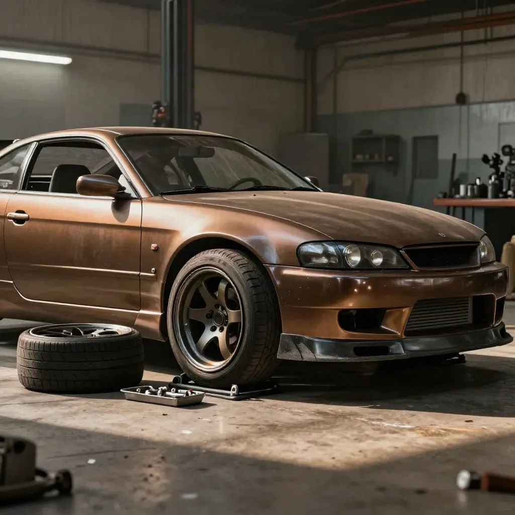 Lowered drift coupe on alignment pads with wheels off and stacked nearby in a workshop