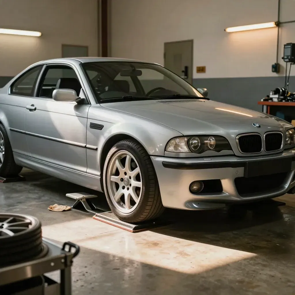 Silver E46 coupe freshly aligned in a warm workshop bay, stance settled under late sun.