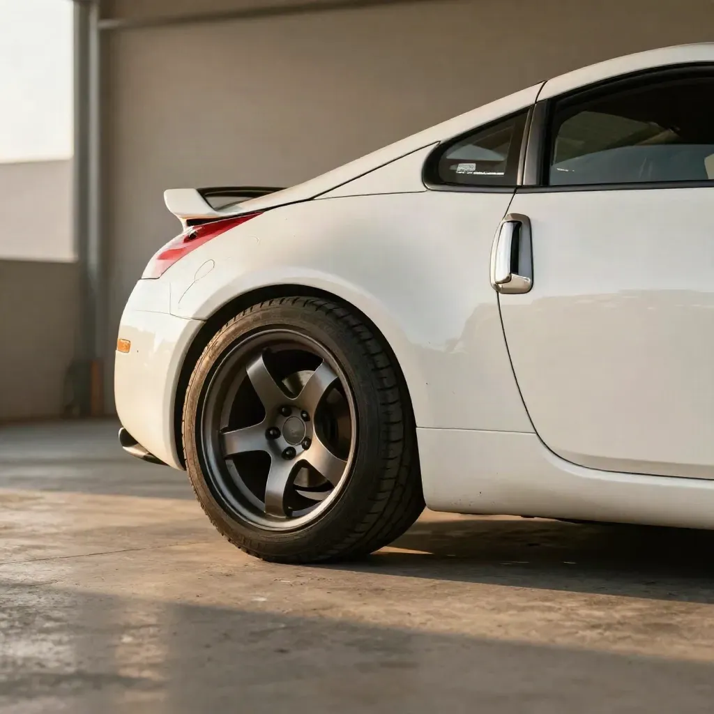 White 350Z drift coupe with worn rear tires in a warm workshop bay