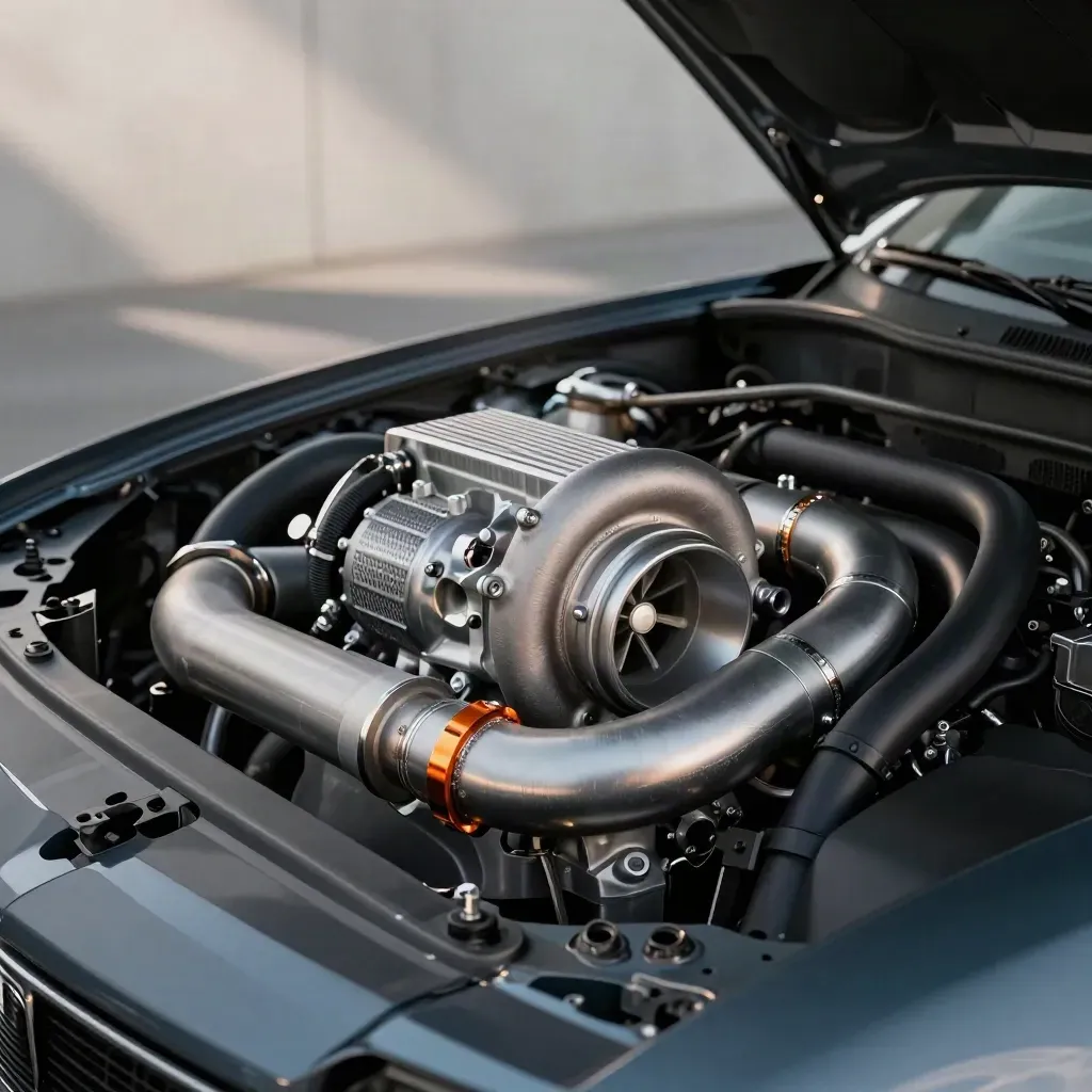 Fresh turbo setup with intercooler piping and heat shielding in an open engine bay.