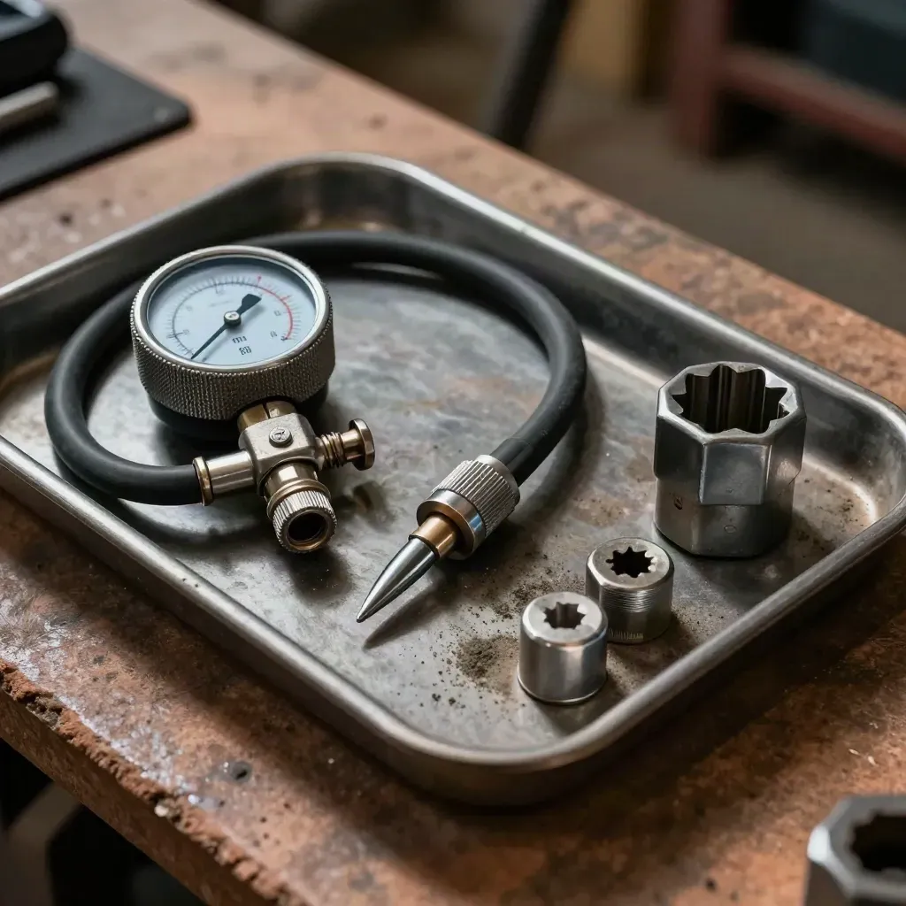 Drift pit kit on a dark tray with gauge, socket, valve tool and caps in workshop light.