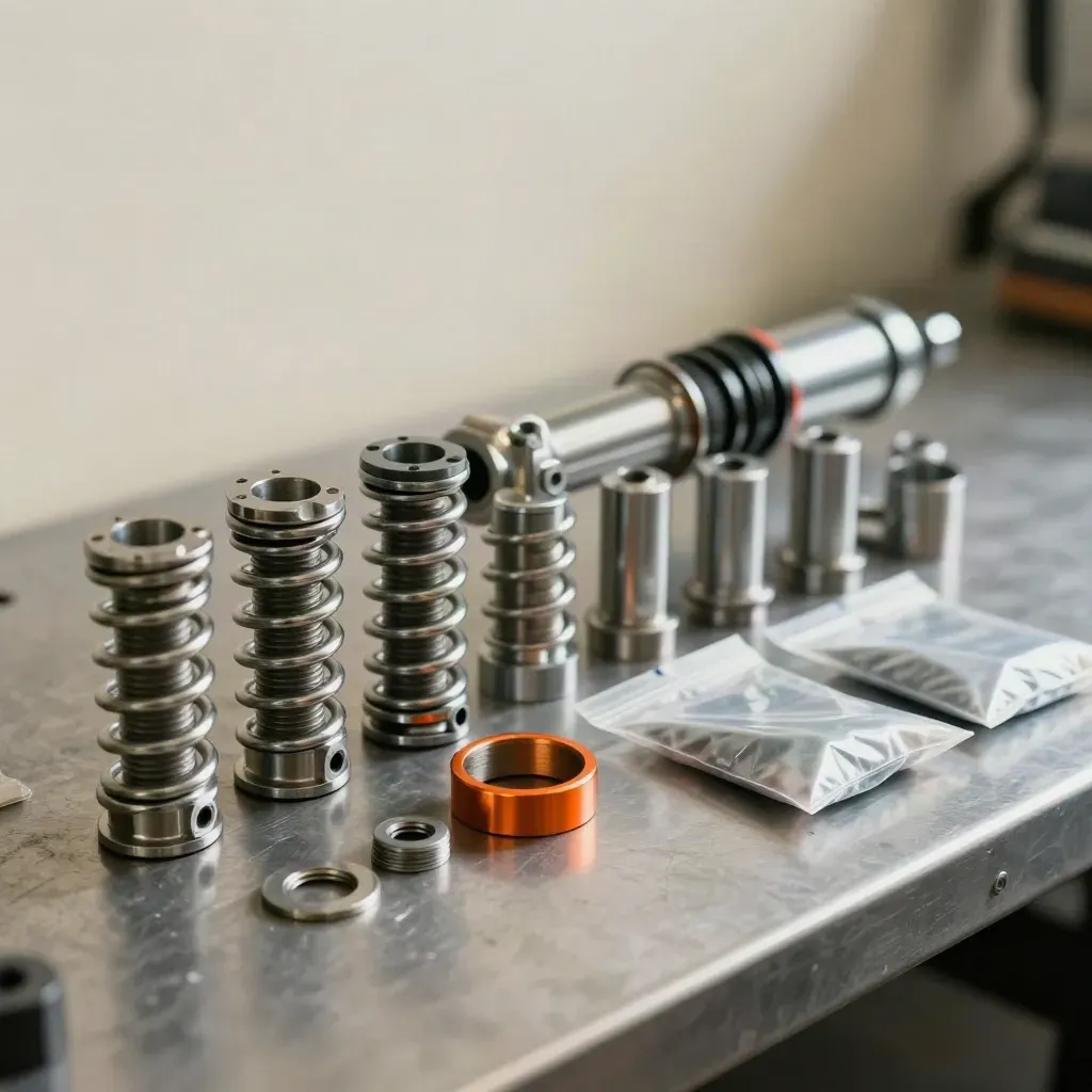 Coilover parts, shims, and sealed bags lined up on a steel bench in soft workshop light.
