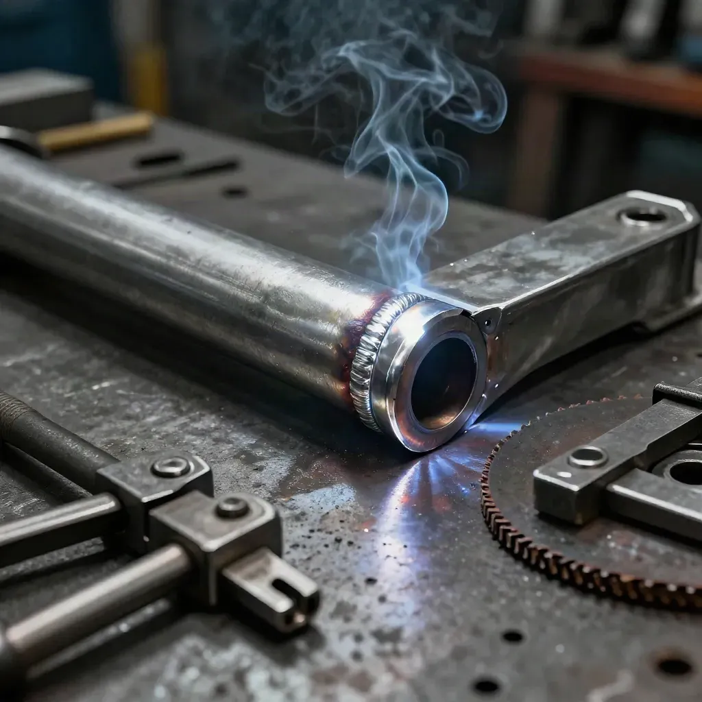 Welded tube joint, clamps, flap disc and brace on a workbench with smoke
