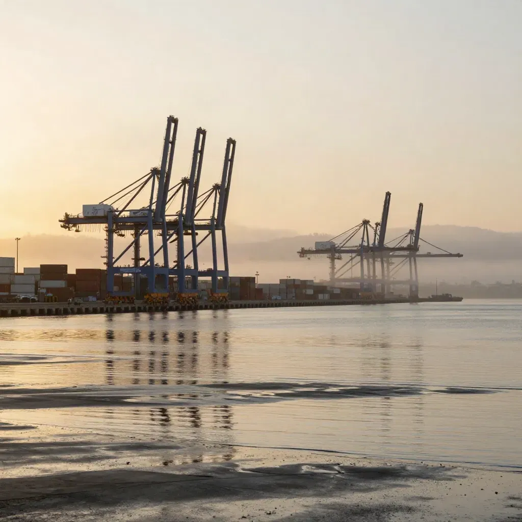 Long Beach port cranes over a hazy wet harbor at golden hour.