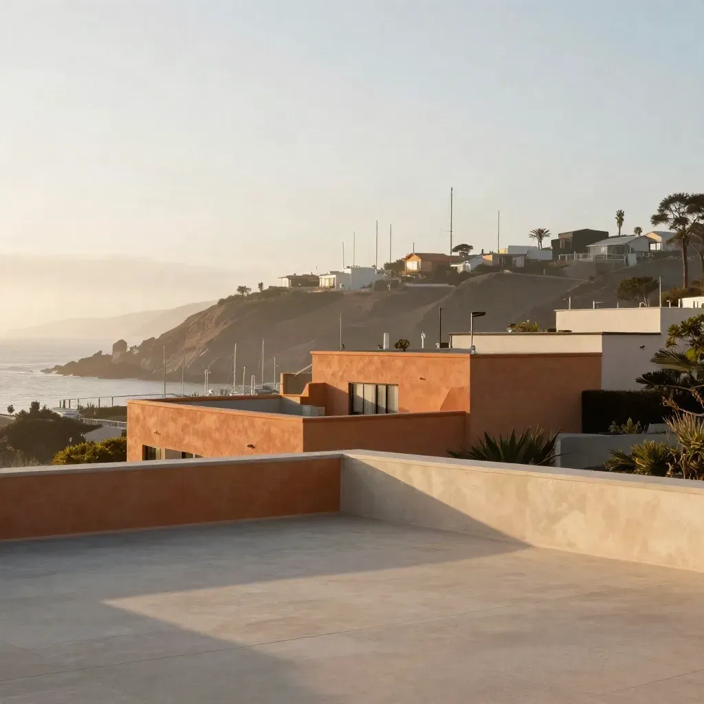 Hazy coastal ridge above modern rooftops and marina masts in warm sunset light.
