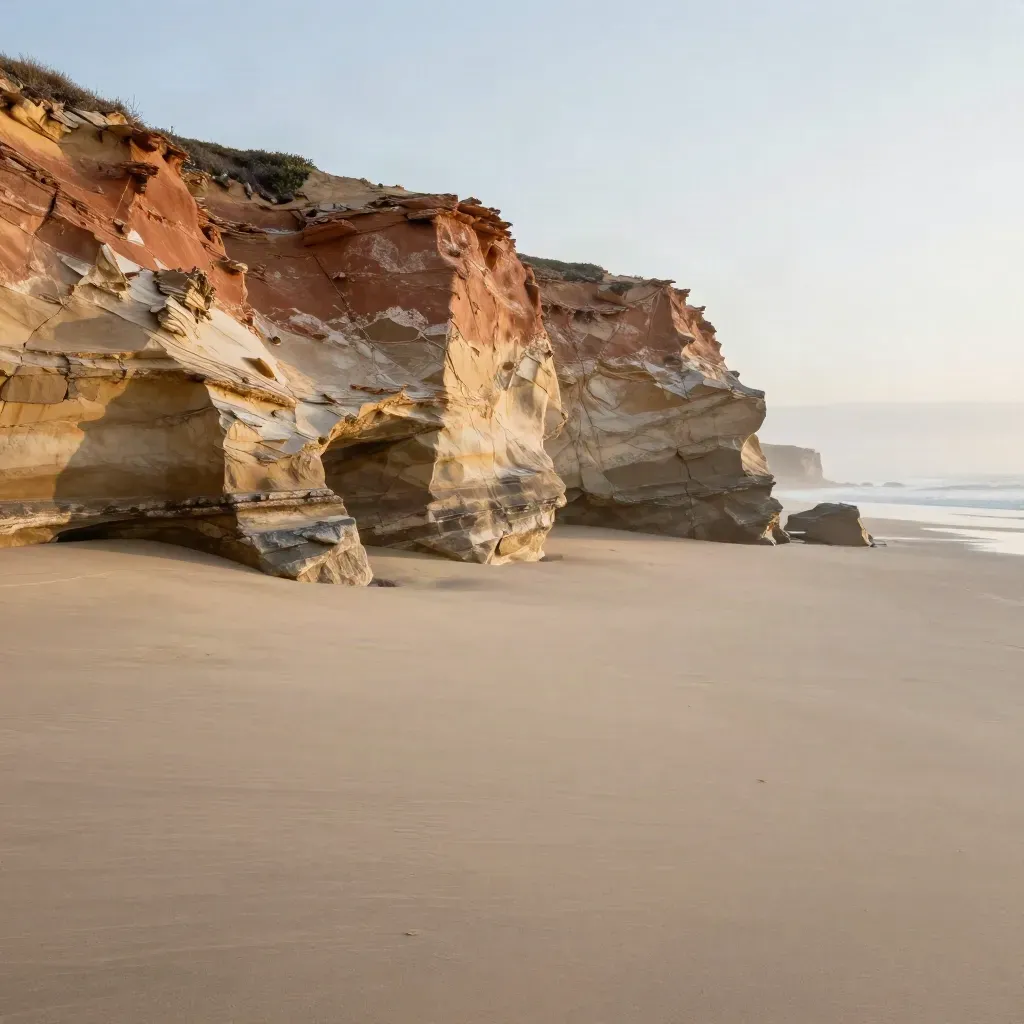 Sun-faded sandstone cliffs above a quiet coastal terrace and high ocean horizon in warm haze.