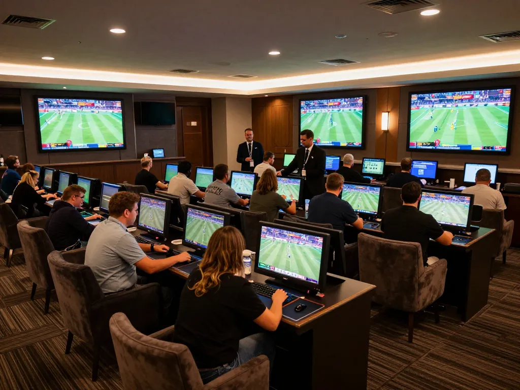 Patrons engaging in thrilling sports betting experience at 8kbetbh's advanced betting lounge