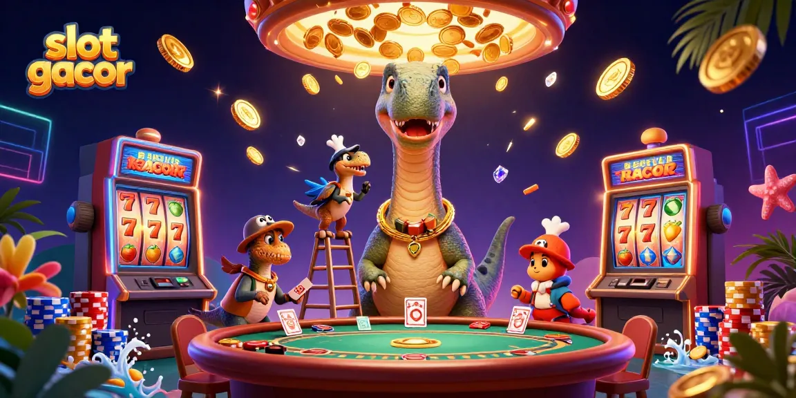 Engage with slot gacor excitement as a brontosaurus tower above a lively casino scene surrounded by winnings.