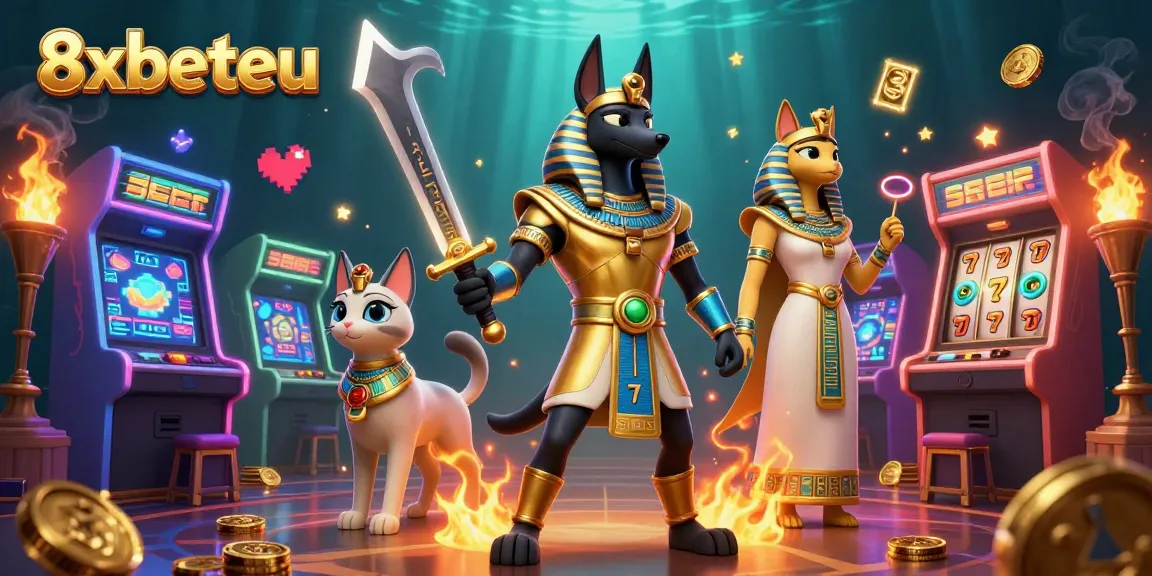 Experience winning opportunities at 8xbeteu with Anubis and Bastet in an engaging casino illustration.