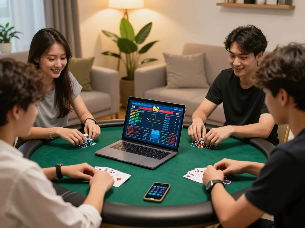 Engaging fun88 poker game happening in a cozy living room environment, capturing strategy and excitement.