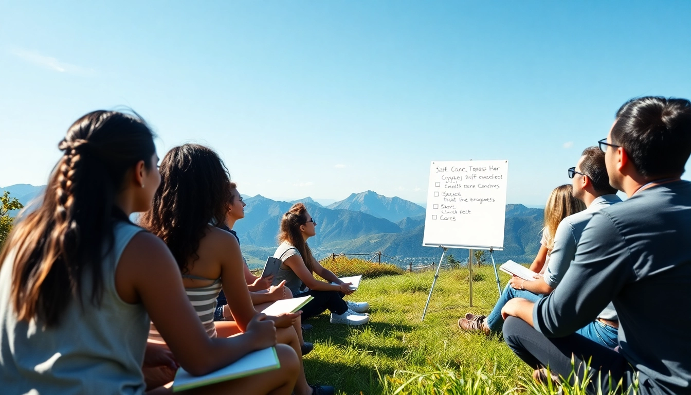 Find my true calling with life coach leading a diverse group in a serene outdoor setting.