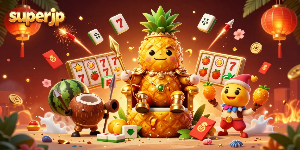 Engage with superjp's dynamic casino scene featuring a golden pineapple king and vibrant game elements.