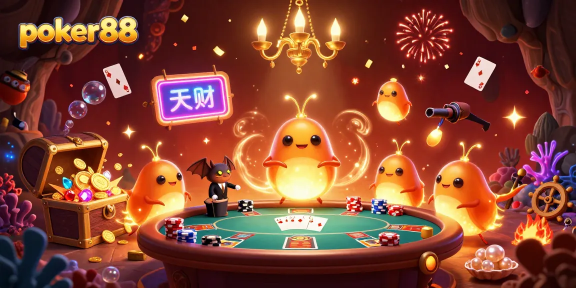 Experience the excitement of poker88 with vibrant casino elements and a whimsical illustration.