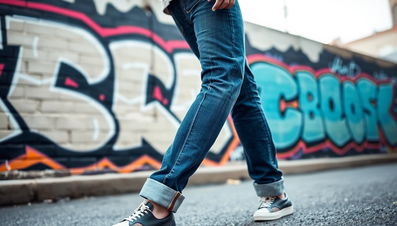 Model wearing mens modern fit jeans against a vibrant urban backdrop.