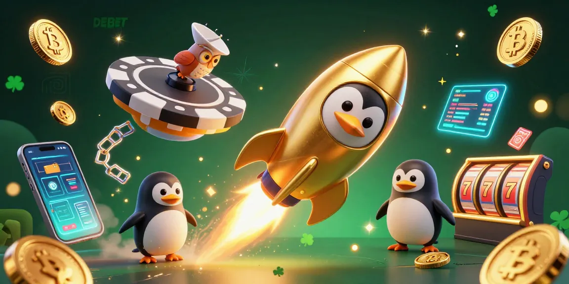 Experience DEBET's thrilling casino adventure with a golden penguin, poker chip station, and crypto gaming elements.