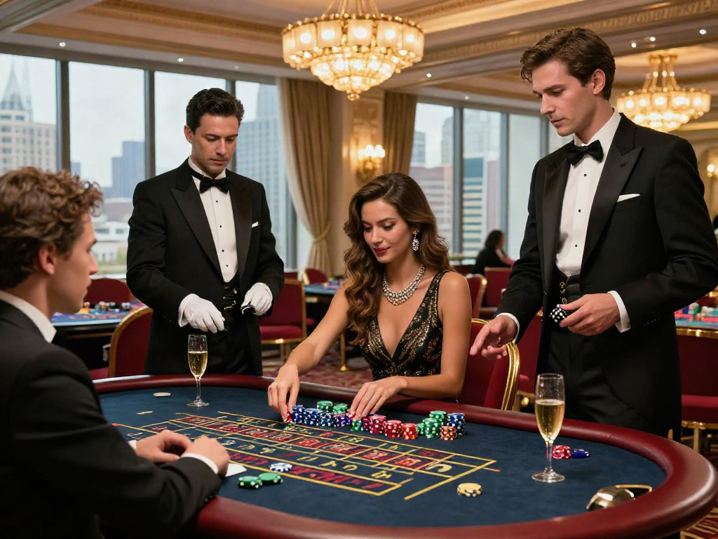 Suasana mewah kasino online luxury12 dengan pemain roulette dan dekorasi glamor.