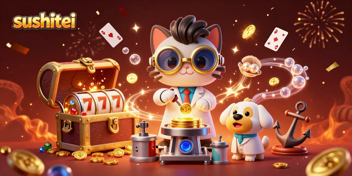 Sushitei cat scientist spins slot reels creating a vibrant casino scene with gold coins.