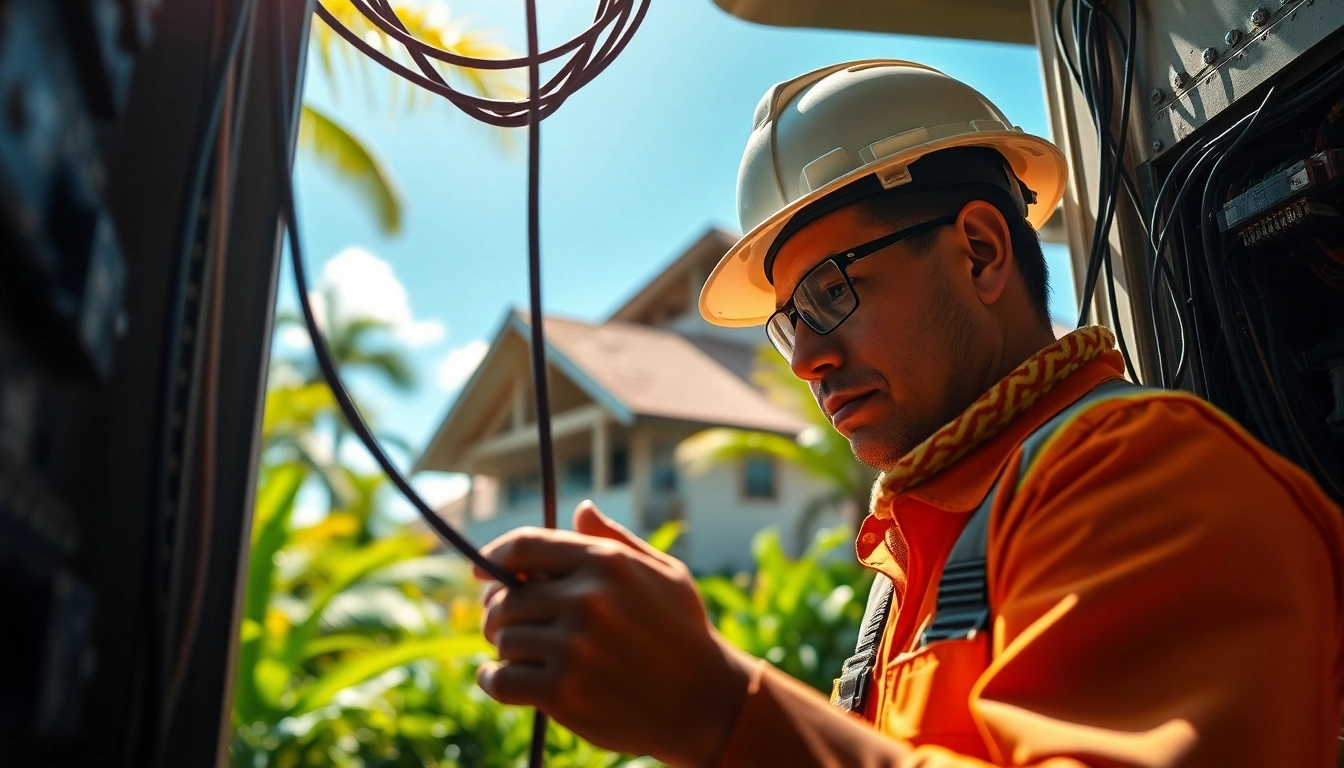 Electrician apprenticeship Hawaii: A focused apprentice skillfully working on electrical wiring in a bright, lush Hawaiian environment.