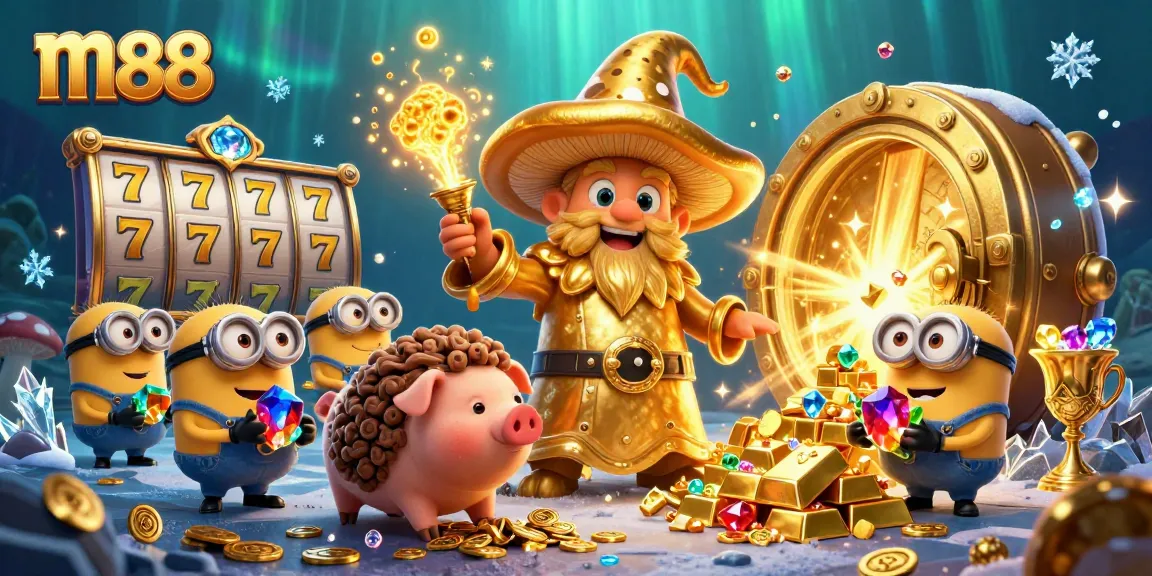 Experience magic at m88 as the golden mushroom wizard brings treasures to life in this vibrant gambling scene.