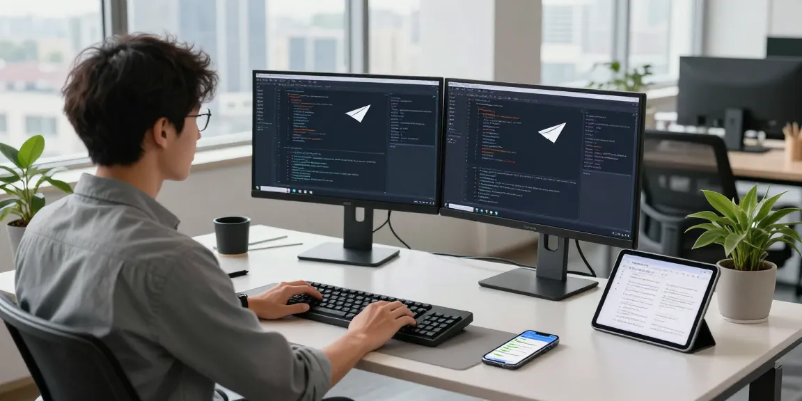 Dynamic tech workspace with a developer coding for 纸飞机中文版, showcasing dual monitors and modern office tools.