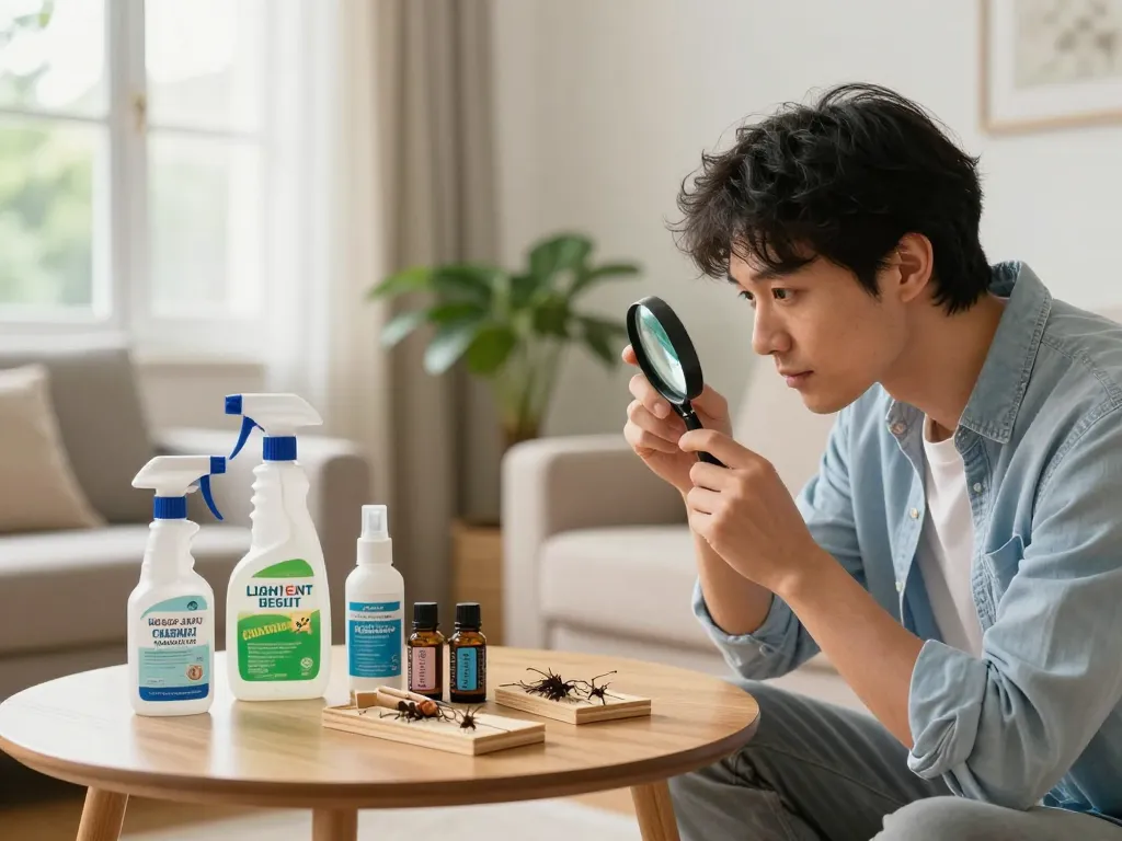 Effective pest control guide with homeowner inspecting for pests in bright, clean living space