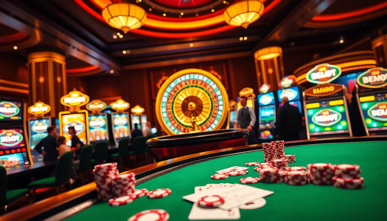Experience the thrill of idn slot with an inviting casino scene featuring slot machines and poker tables.