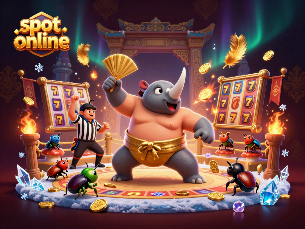 Win exciting jackpots in slot online games with a dynamic scene featuring a beetle champion and golden coins.