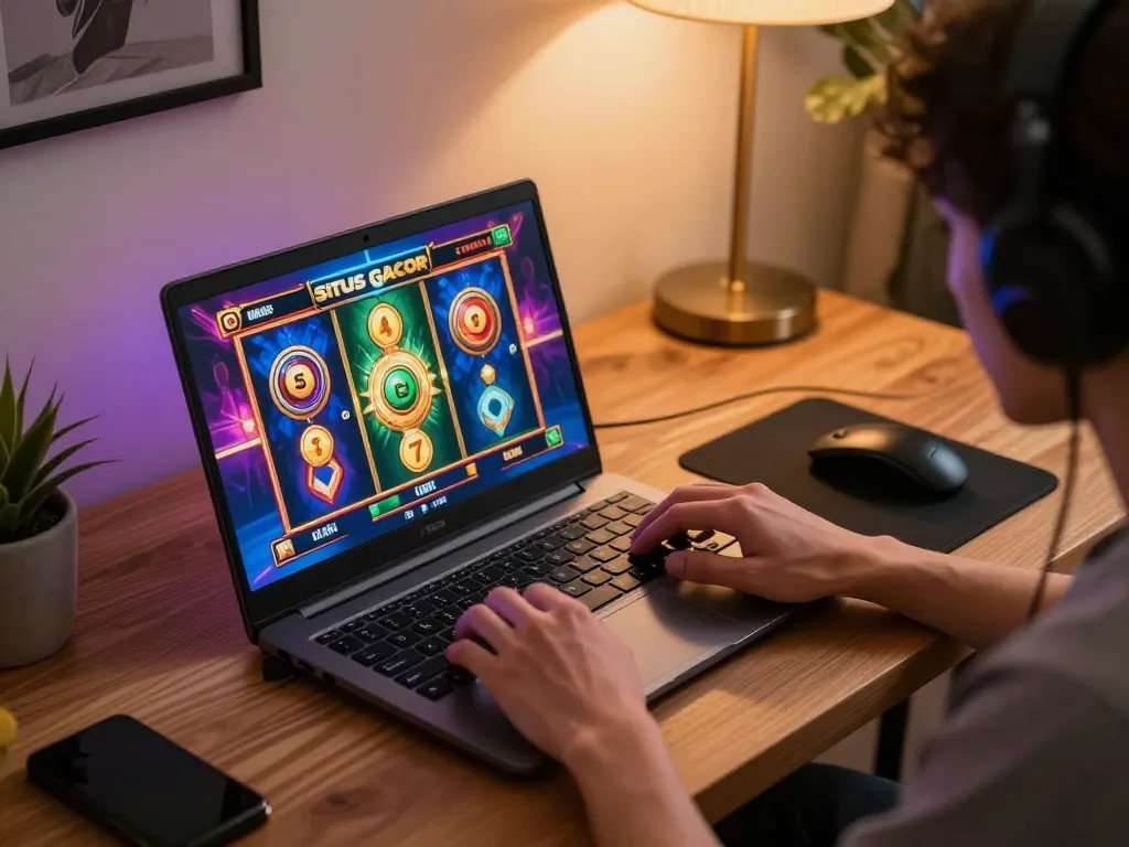 Playing situs gacor slot game on a laptop, showcasing engaging online gambling atmosphere.