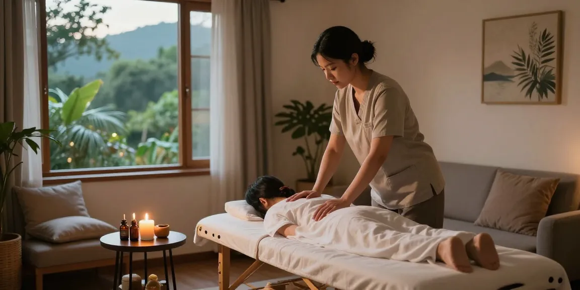 남양주출장안마 therapist preparing home massage environment with candles and oils.