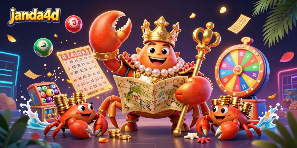 Engage with janda4d's vibrant lottery-themed 3D scene showcasing a golden crab emperor amid colorful elements.