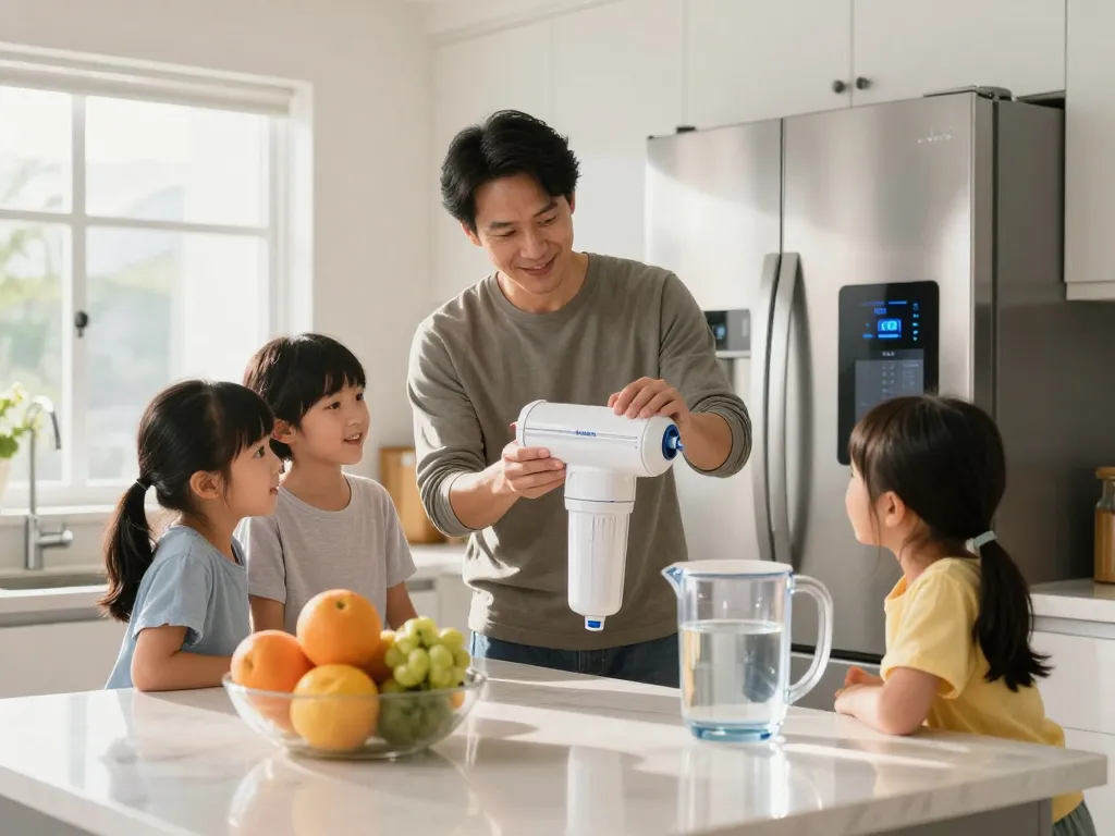 Family easily replacing the Waterdrop Plus 8171413 Refrigerator Water Filter in a bright modern kitchen.