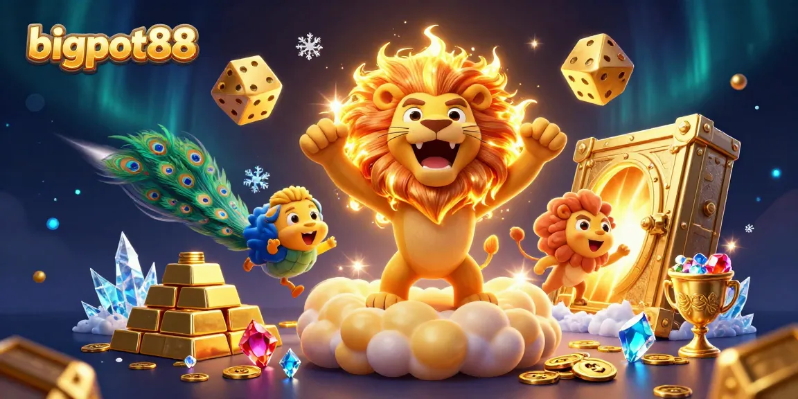 Experience bigpot88's immersive gaming world with vibrant treasures, dice, and a roaring lion.