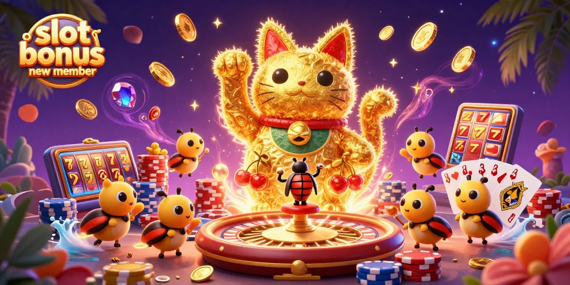 Engage with the slot bonus new member fun featuring a lucky cat and dazzling casino elements.