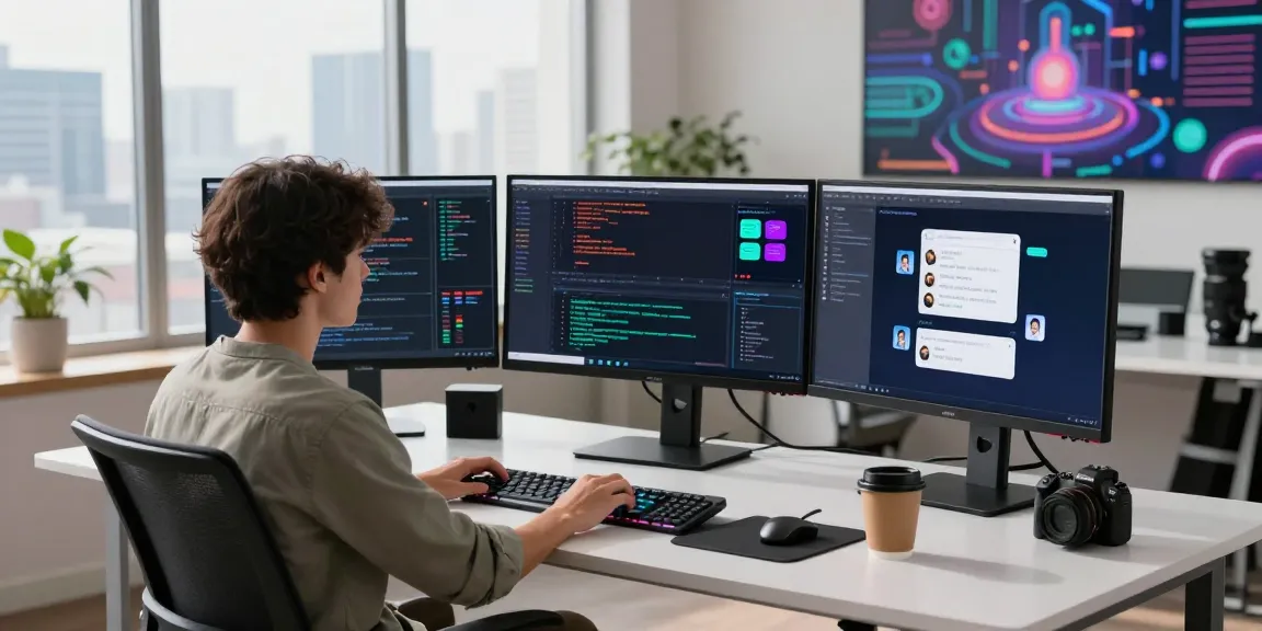 Futuristic workspace showcasing spicy ai development with vibrant coding screens and innovative technology.