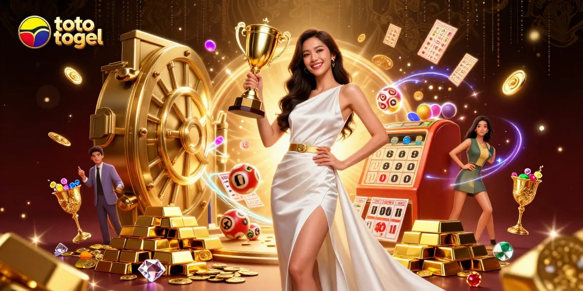 Menang besar dengan toto togel - ilustrasi yang cerah menampilkan seorang wanita yang berhasil, emas, dan elemen lotere.