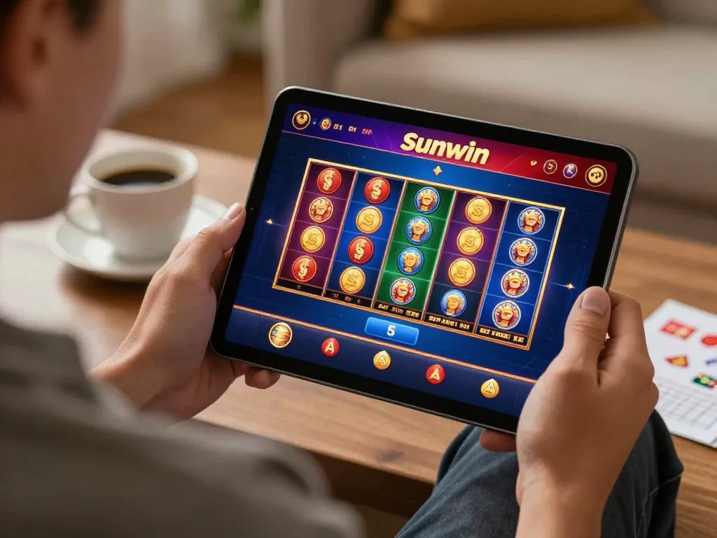 Người chơi hấp dẫn sử dụng ứng dụng casino Sunwin trên máy tính bảng, thể hiện giao diện chơi game đầy màu sắc và ghi chú chiến lược.