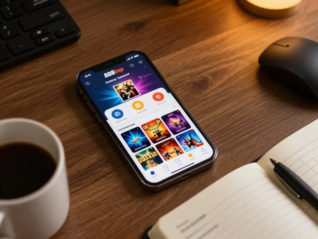 Person engaging with 888top trang chủ app for online gambling, showcasing mobile betting features and a cozy home atmosphere