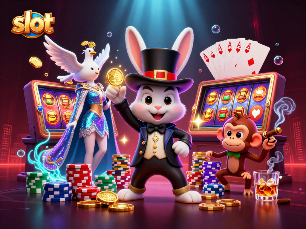 Engaging slot scene with magician rabbit pulling coins, dove, and monkey amidst vibrant casino elements
