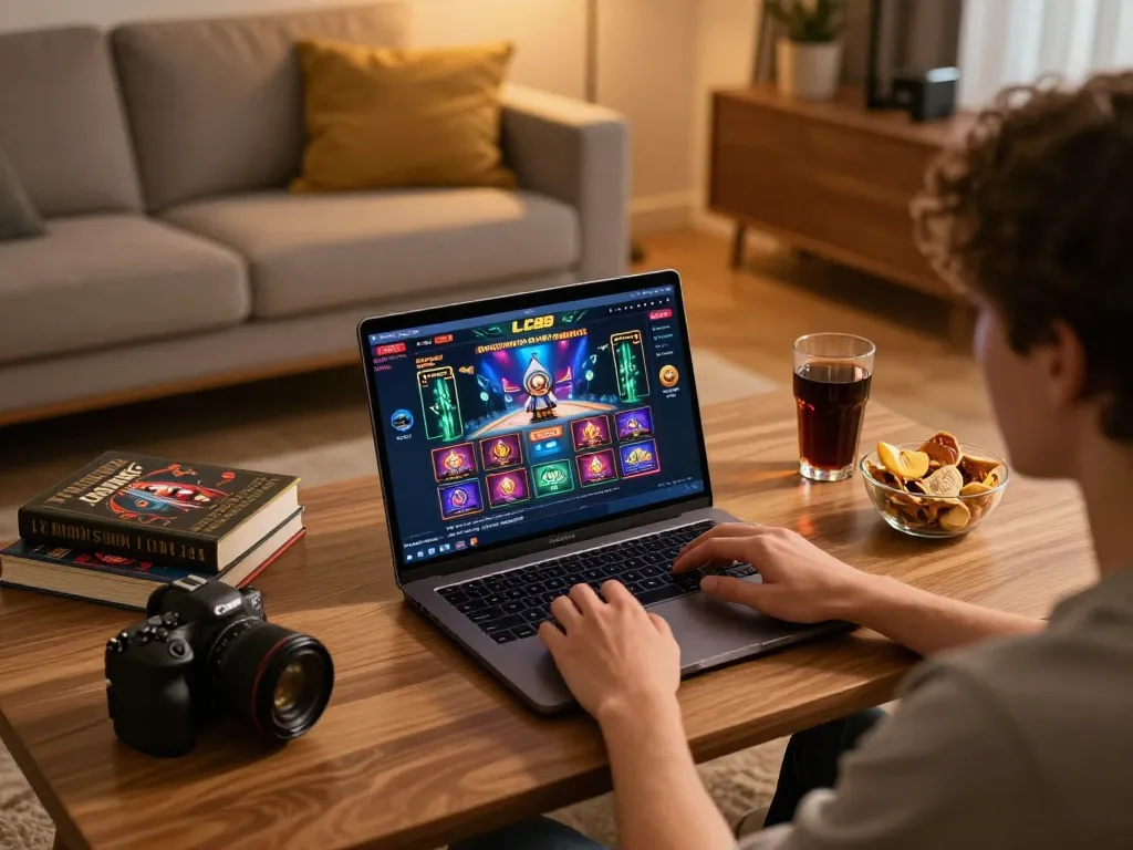 Player enjoying LC88 online gaming with laptop displaying vibrant casino interface in cozy setting