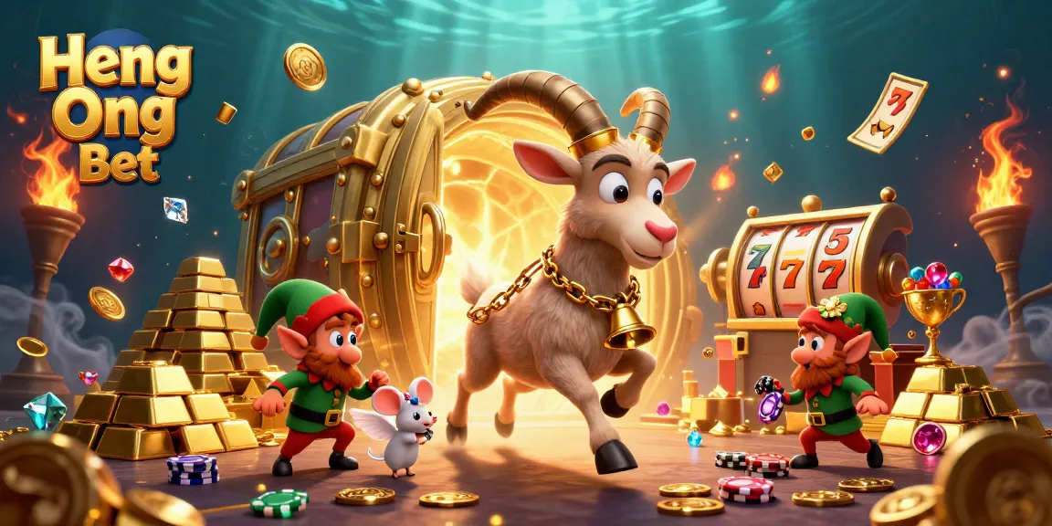 Engage with Heng Ong Bet's festive casino scene filled with vibrant characters, gold treasures, and thrilling gameplay.