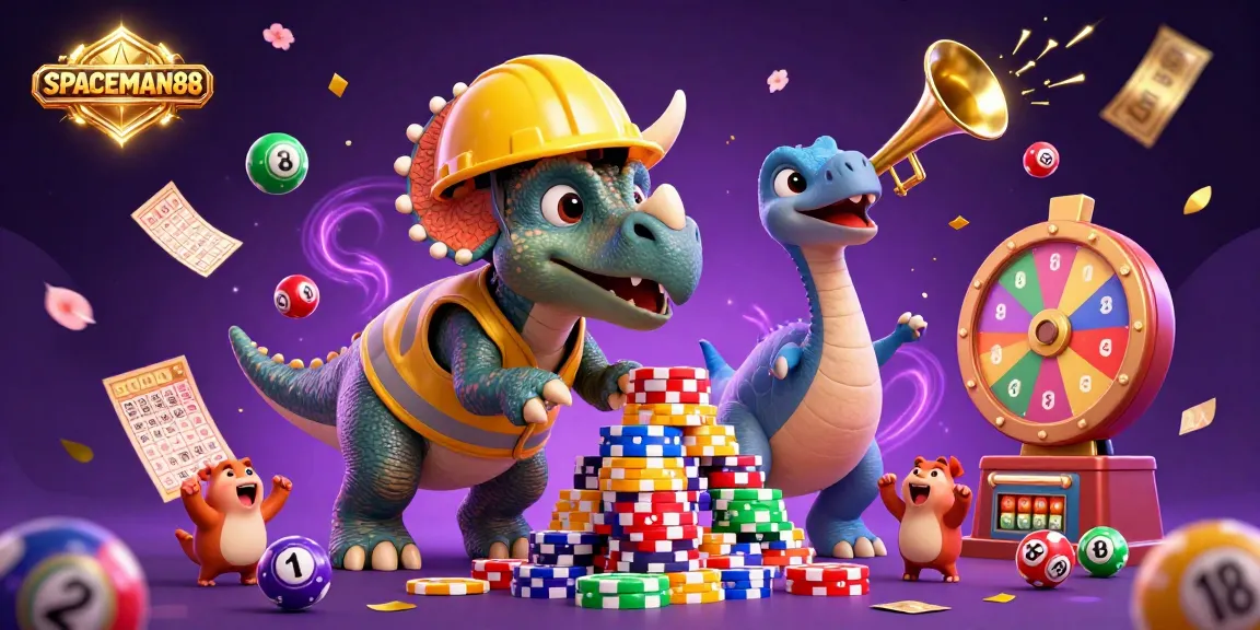Experience the excitement at SPACEMAN88 with a festive 3D display of animated characters and casino elements.