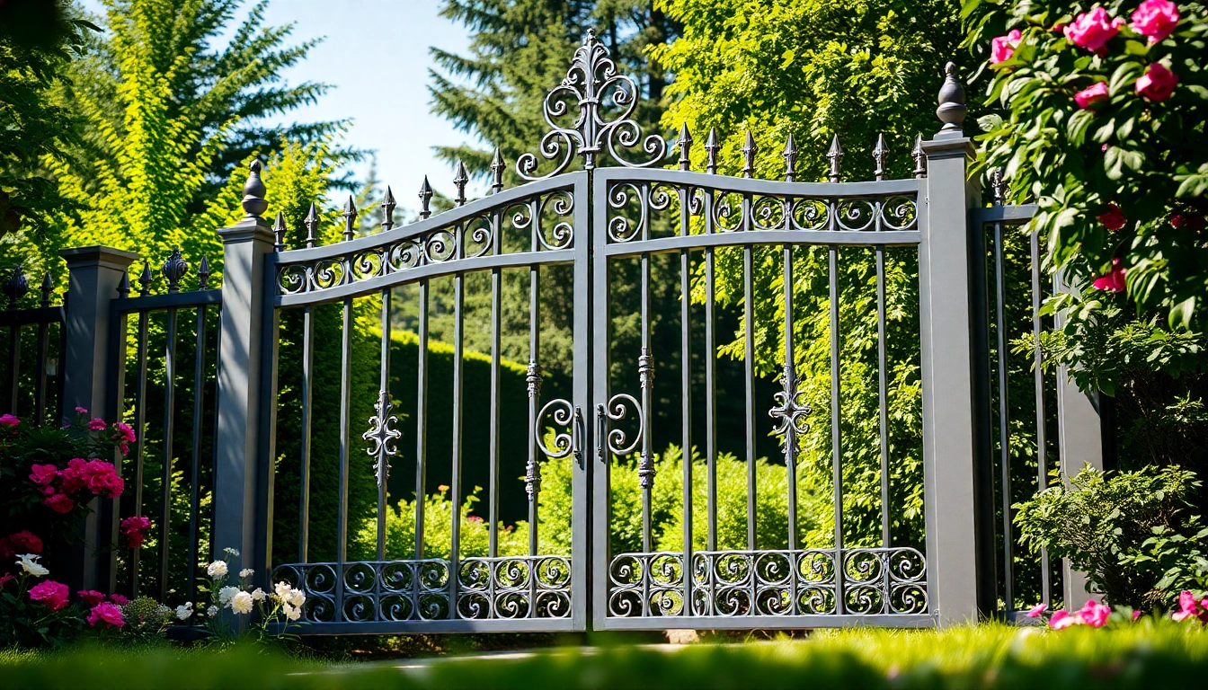 Admire custom steel gates with intricate designs standing elegantly in a vibrant garden.