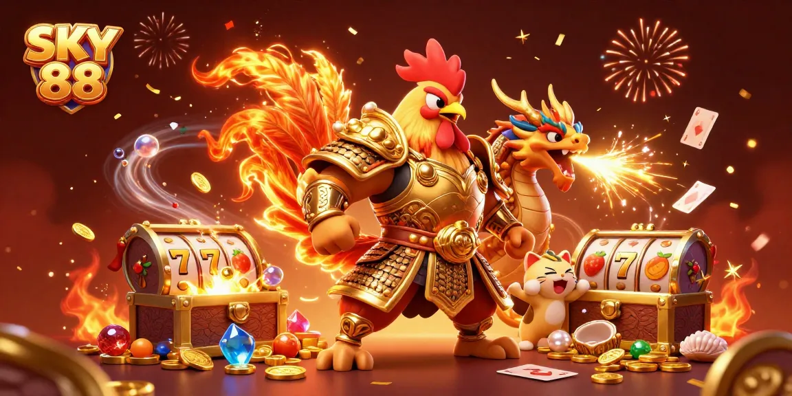 Engage with SKY 88's vibrant casino world featuring dynamic slot reels and colorful game elements.