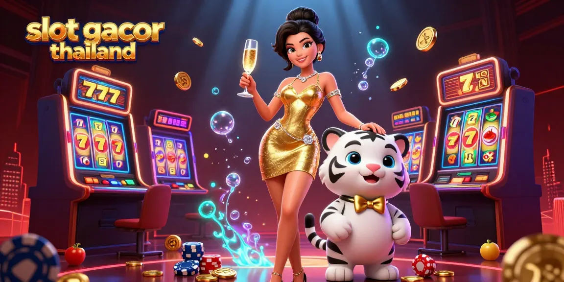 Experience the excitement of slot gacor thailand as a glamorous woman toasts with a lucky tiger in a dynamic casino scene.