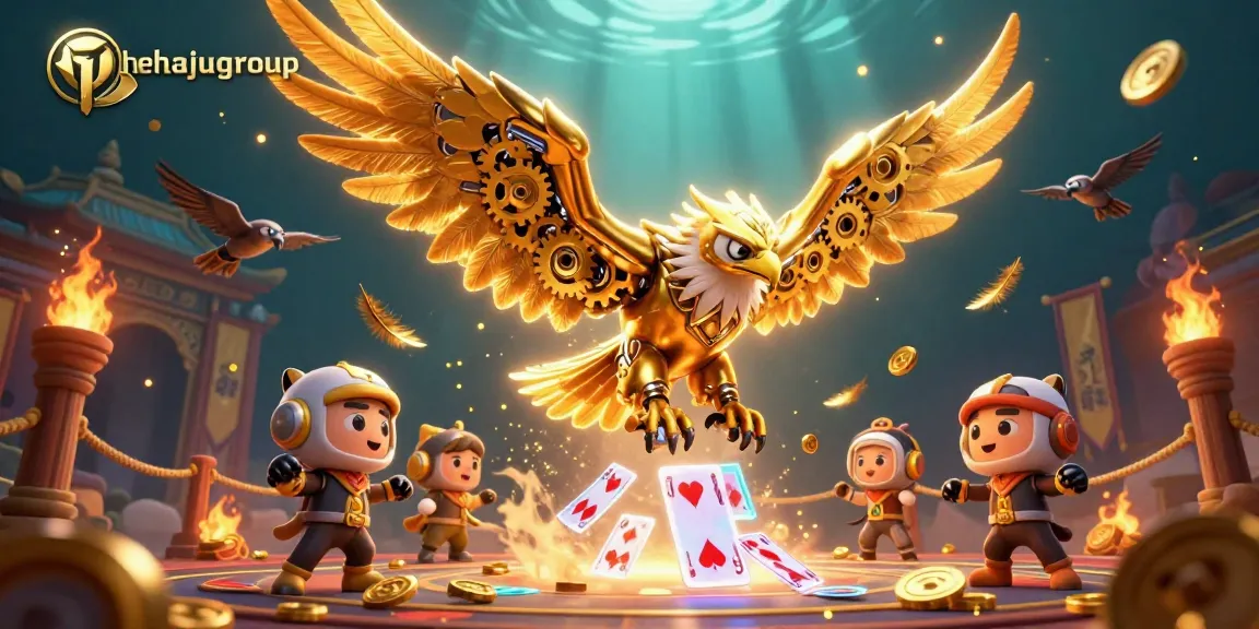 Thehajdugroup showcases a thrilling 3D scene of a cybernetic eagle diving through holographic playing cards.