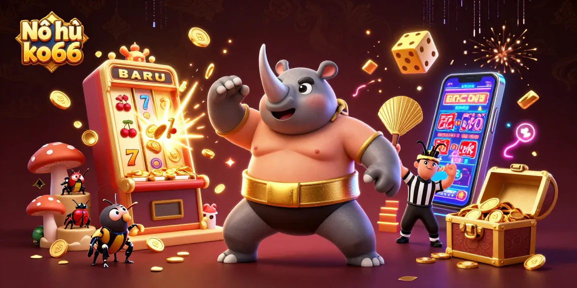 Nổ hũ ko66 showcases thrilling gameplay with a vibrant 3D animation of a beetle riding a jackpot explosion.