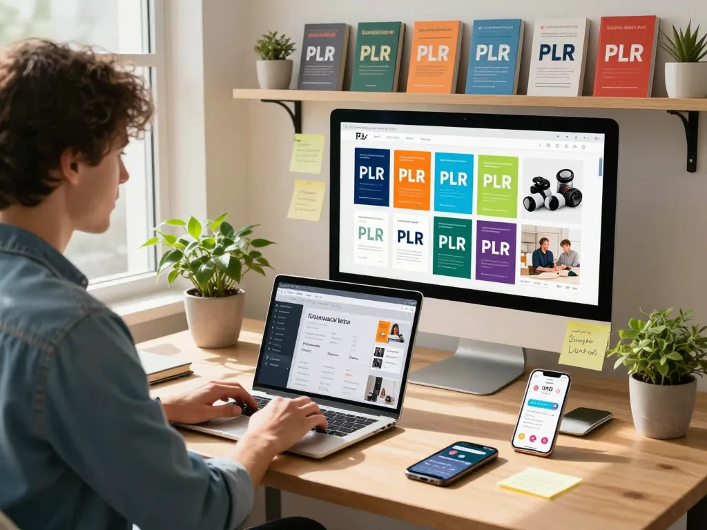 Buy PLR Products Online with a modern e-commerce workspace scene illustrating an entrepreneur exploring digital products.